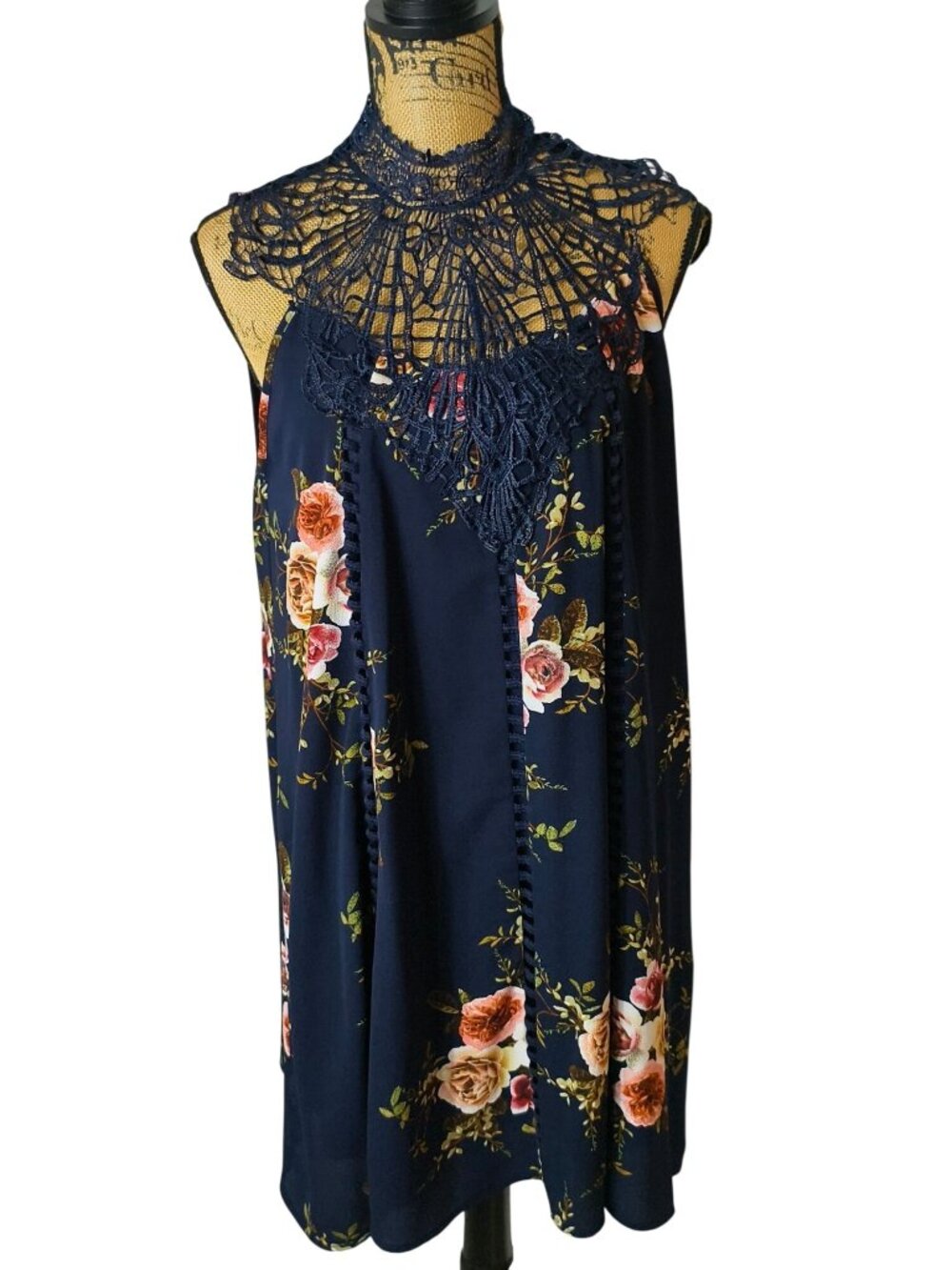 Entro Womens S Halter Mini Dress Navy Floral Lace Elegant Preppy